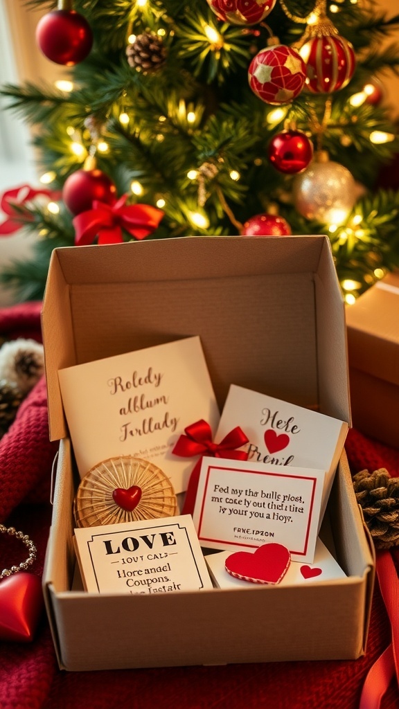 A festive DIY gift box with romantic items for Christmas, including a photo album and love coupons.